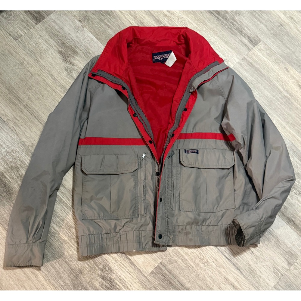 Jansport Vintage Gray Red Stripe Jacket Mens XL Windbreaker Zip Up Pockets